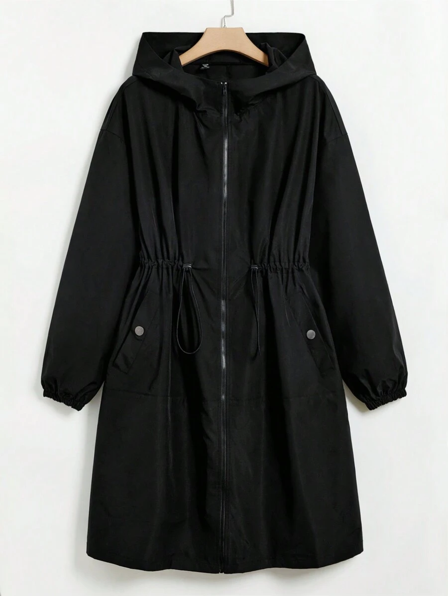 SHEIN CURVE+ 秋冬加大抽绳腰落肩连帽夹克 - 黑色 - 查看 1