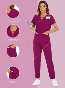 Áo sơ mi tay ngắn màu trơn đan chéo kèm quần đồng phục y tá - Màu đỏ tím - Xem 4