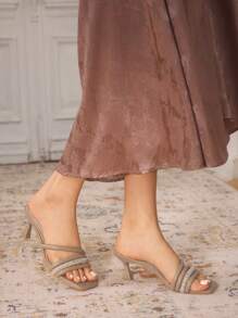 CUCCOO TILAWA Women's Rhinestone Strappy Square Toe High Heel Sandals, Comfortable & Fashionable For Daily Wear And Parties Halloween - Coffee Brown - View 6