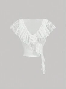 SHEIN MOD 杏色頭袖荷葉邊V領短款T恤 - 杏色 - 查看 1