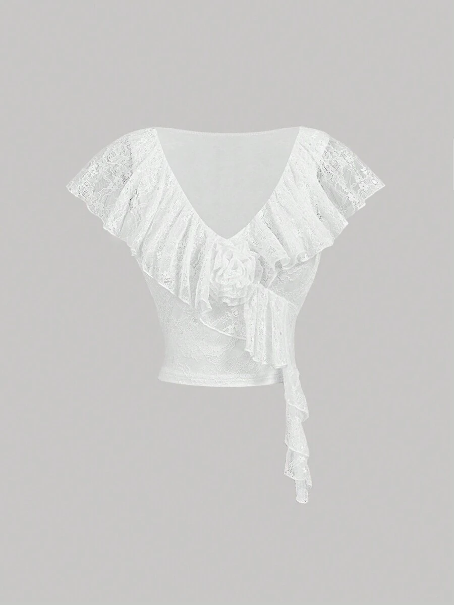 SHEIN MOD 杏色頭袖荷葉邊V領短款T恤 - 杏色 - 查看 1