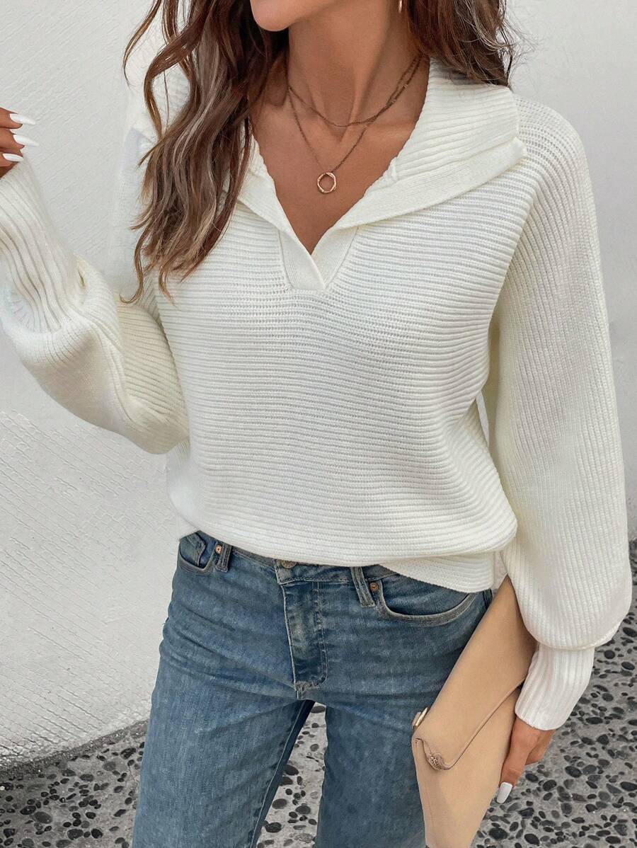 SHEIN LUNE Áo len nữ dáng rộng cổ bẻ, áo len chui đầu mùa thu đông. - trắng - Xem 1