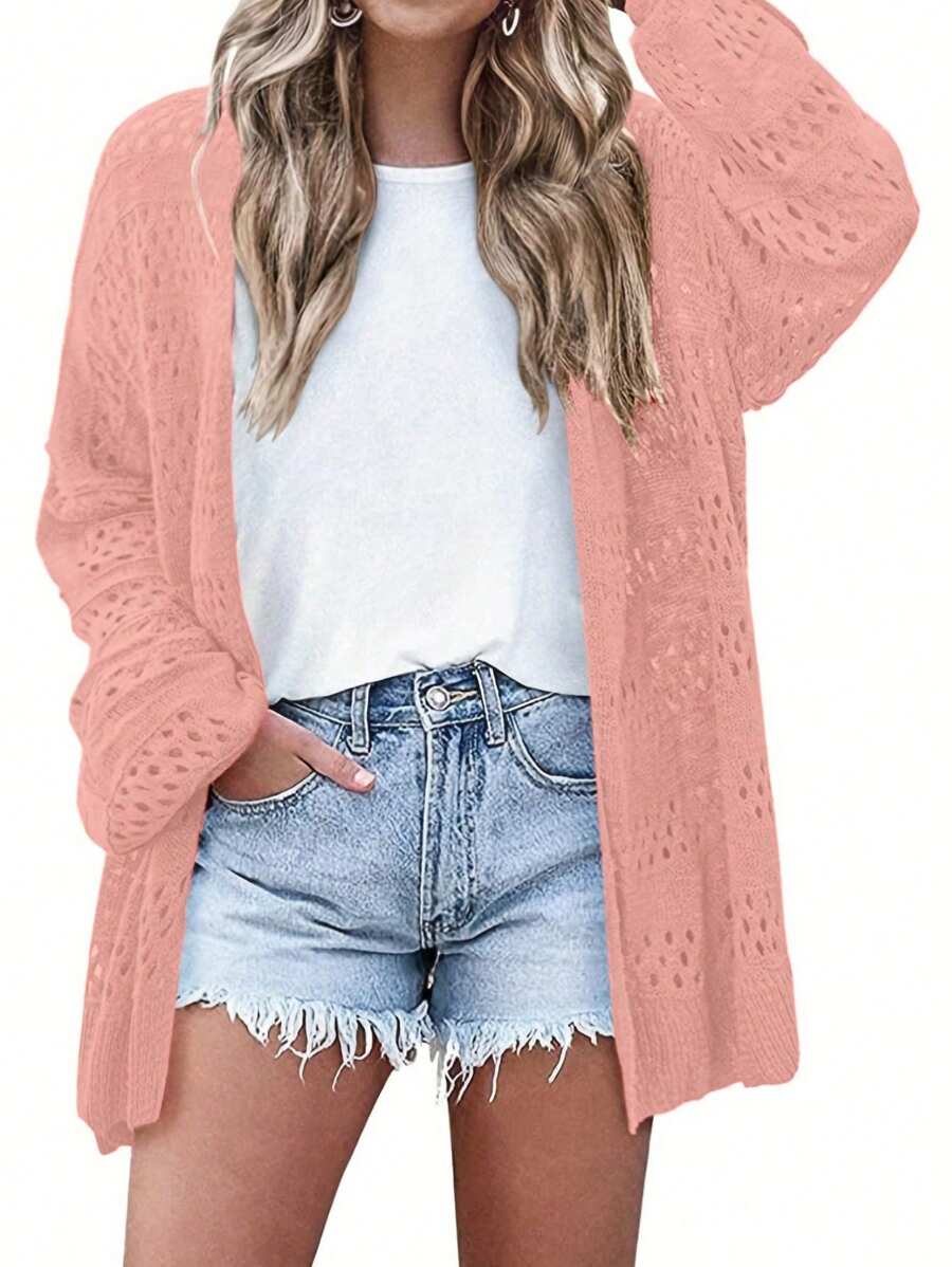 SHEIN LUNE 女式纯色落肩长袖镂空开衫，秋冬 - 藕粉色 - 查看 1