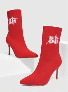 CUCCOO SZL Pointed Toe Thin High Heel Digital Print Fabric Minimalist Slip-On Mid-Calf Boots For Women, Red Halloween