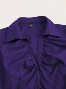 Sweetra V-Neck Ruched Cut-Out Bodycon Short Sleeve Office Blouse Women Shirt - Purple - View 5