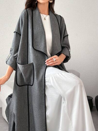 Al Najma 女士长袖朴素阿拉伯长袍，大领子，撞色饰边和口袋