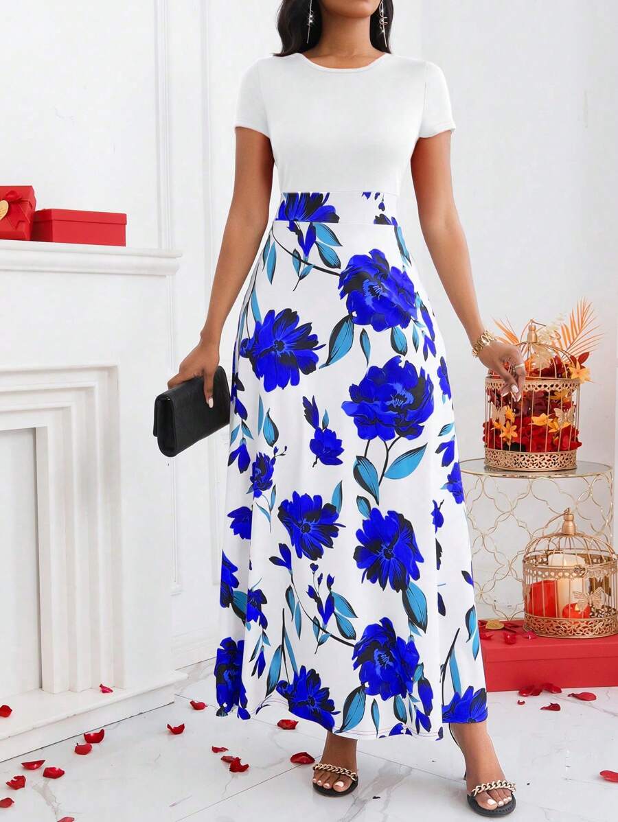 SHEIN Lady Vestido corto de manga corta con cuello redondo y estampado floral azul para mujer - Blanco - Ver 1