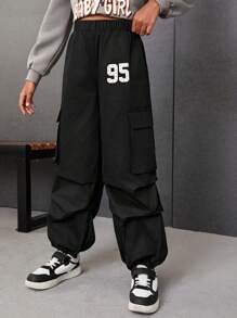 SHEIN Tween Girl Letter Graphic Flap Pocket Side Parachute Pants - Black - View 3
