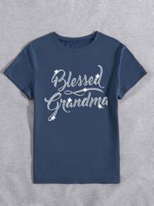 INAWLY Camiseta gráfica de manga corta para mujer con estampado de letras inglesas y adorno de rhinestones, top casual - Azul Marino - Ver 3