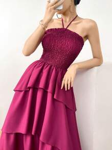 Modelyn Women's Solid Color Halter Backless Layered Sleeveless Dress - Red Violet - View 8
