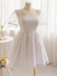 Soleia Váy du lịch tay bồng cổ vuông nhuộm màu lãng mạn cỡ lớn - trắng - Xem 1