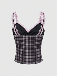 ROMWE Kawaii Vintage Sweet Lace And Grid Patterned Ruched Bowknot Decor Women's Tank Top
