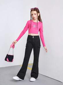 SHEIN Explorewe 中小童女Y2K復古街頭風酷黑色彈性可調腰部貨褲喇叭牛仔褲 - 黑色 - 查看 4