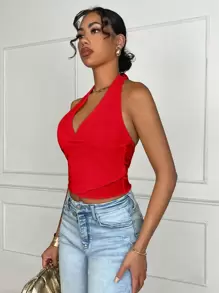 SHEIN BAE Áo mùa hè xuyên thấu cổ chữ V, áo tank top màu vàng đi biển, áo croptop mùa hè, áo tank top buộc dây cổ, áo croptop mùa hè. - Đỏ - Xem 4