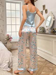 CottageSlumber 3pcs Contrast Floral Print Satin Cami Top & Pants And Robe Pajamas Set, Holiday Season, Fall Winter Clothes Cozy And Elegant Details - Baby Blue - View 5