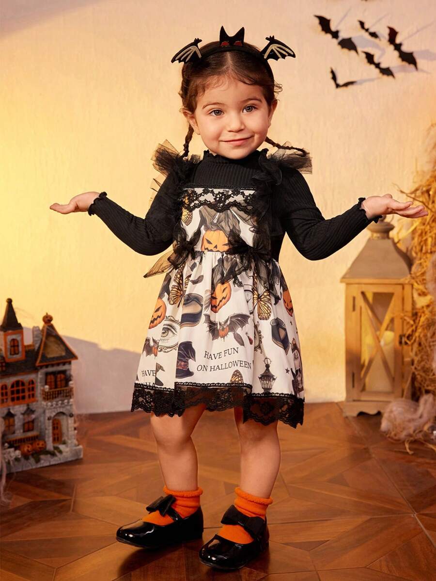 Sukienka dla dziewczynki jesień zima halloween nadruk siateczka kontrast elegancka swobodna, na imprezę halloweenową - Wielokolorowe - Zobacz 1