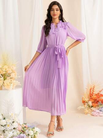 Spring And Summer New Senior Sense Chiffon Women's Long Dresses Tie Waist Violet Dresses