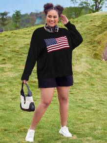 Calvaya 大码女式圆领落肩长袖休闲美国国旗图案毛衣，秋冬针织套头衫 - 黑色 - 查看 5