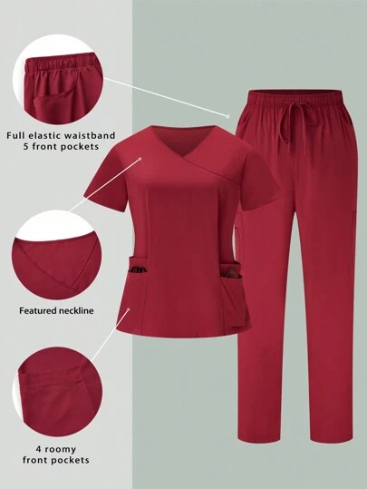 TaskEZ Plus Size Solid V-ringad kortärmad topp och byxor med dragsko Nurse Scrub Uniform Set