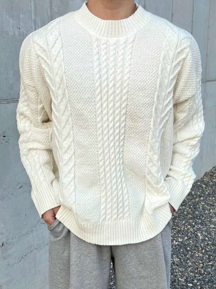 Men's Solid Color Crew Neck Long Sleeve Knitted  Beige Sweater, Autumn