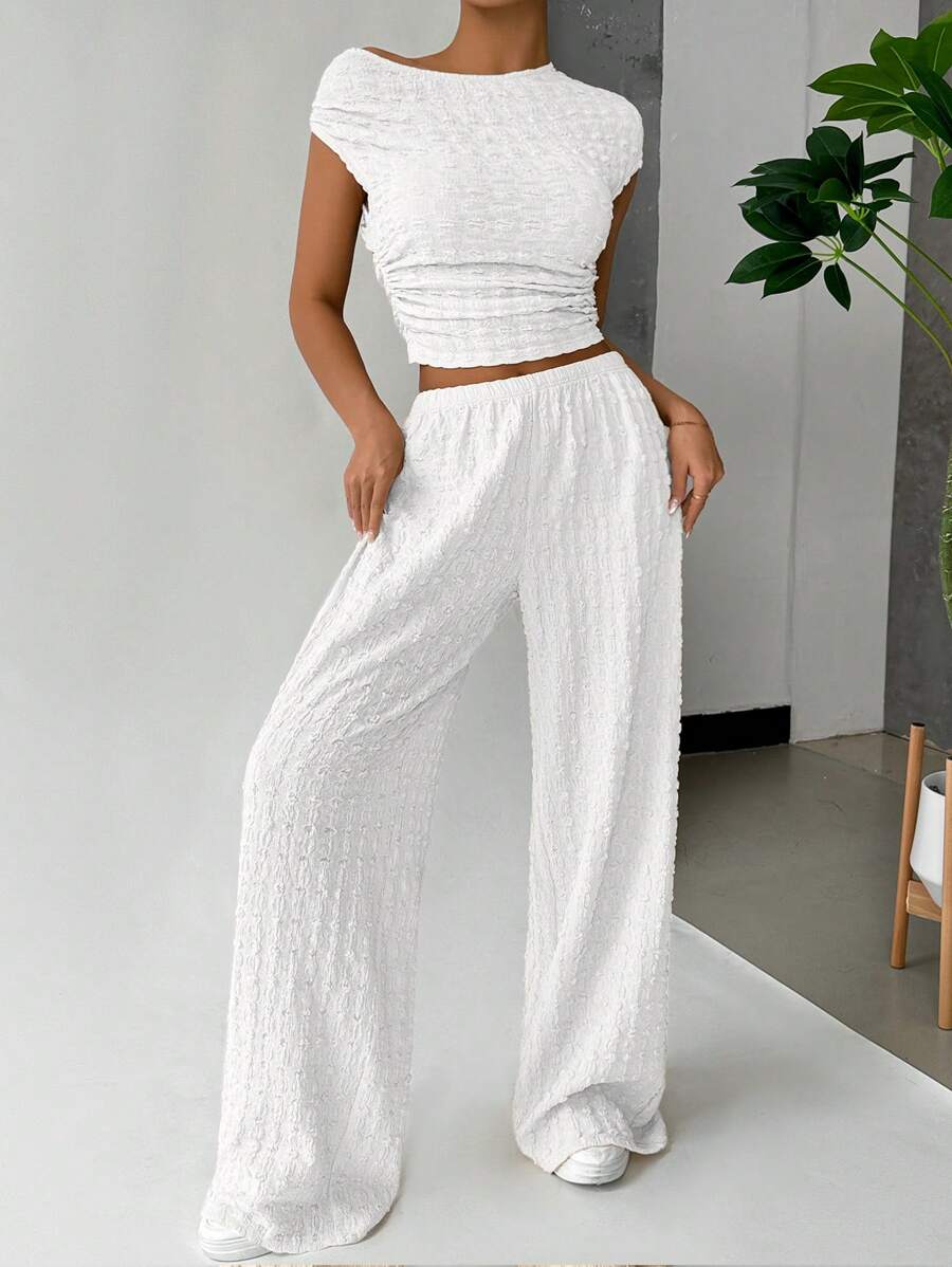 SHEIN EZwear 女士休闲纯色纹理不对称褶皱短款上衣和阔腿裤 2 件套,夏季 - 白色 - 查看 1