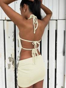 INAWLY Conjunto feminino de 2 peças, cor sólida, sem costas, com amarração, top e bodycon, mini saia, verão, conjuntos de 2 peças