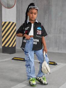 SHEIN 少女休闲印花宽松短袖上衣，母女装（2 件单独出售） - 黑色 - 查看 4