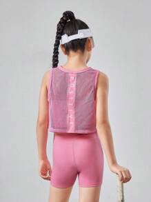 SHEIN 3 chiếc Tween Girls Áo dệt kim rắn & Áo ba lỗ lưới & Quần short thường ngày - Hồng - Xem 2