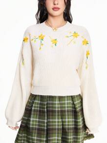 Fairycore Countryside Embroidered Cropped Pullover Sweater - Apricot - View 1