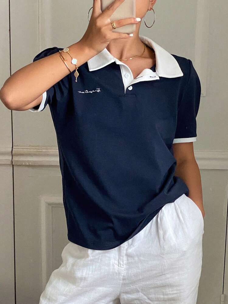 Contrast Color Polo Collar Letter Embroidered Fitted Short Sleeve T-Shirt Summer Preppy Tops