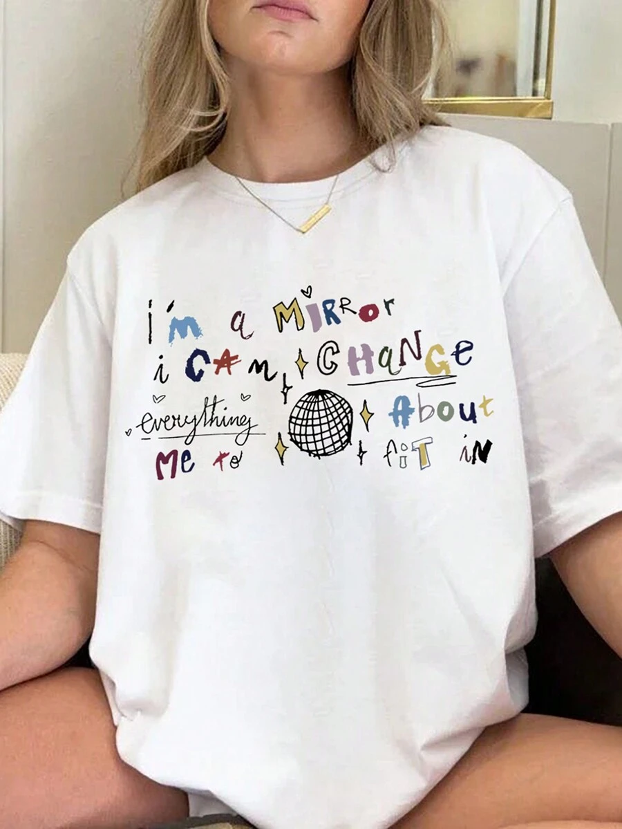 SHEIN EZwear Slogan Graphic Drop Shoulder Tee I'm A MIRROR CHANGE Everything About Me To Fit In - White - View 1