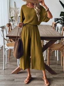 SHEIN JORESS Holiday Casual Round Neck Loose Fit Linen-Look Shirt And Long Pants Two-Piece Set - Mustard Yellow - View 7