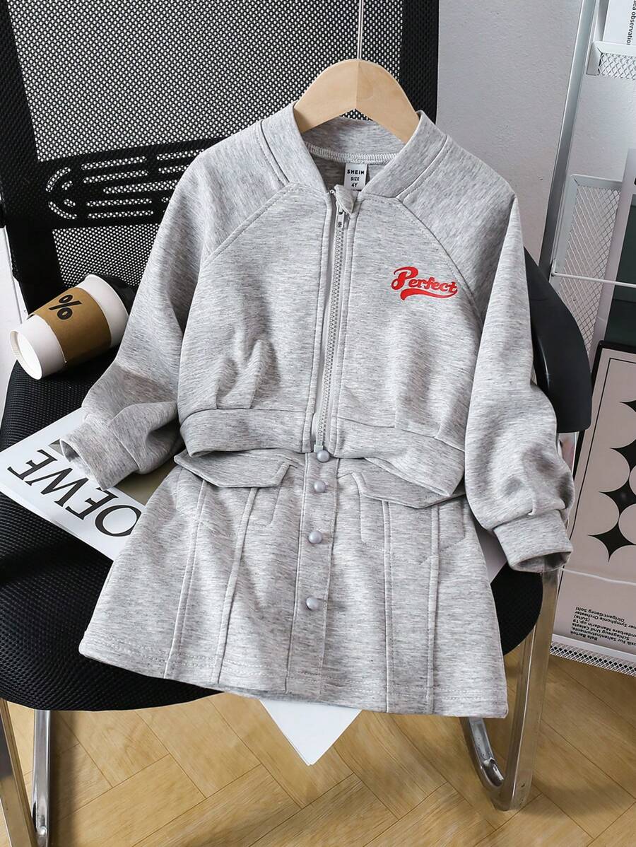 2 件套年轻女孩休闲花卉印花拉链夹克和松紧腰裙套装 - 灰色 - 查看 1