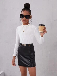 SHEIN Leap Crew Cô gái Tween Cổ giả Đồ đan Ribbed Áo thun - trắng - Xem 1