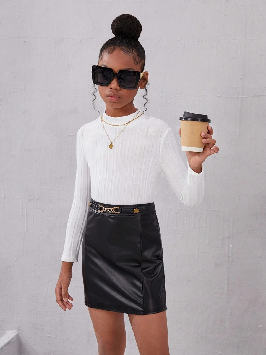 SHEIN Leap Crew Cô gái Tween Cổ giả Đồ đan Ribbed Áo thun - trắng - Xem 1