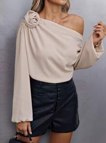 SHEIN Clasi Women's Spring & Summer Solid Color 3D Floral Decor Asymmetric Collar Long Sleeve Shirt - Apricot - View 3