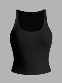 Slaydiva Simple Ribbed Stretchy Cami Tank Top For Women, Versatile Fitness Workout Crop Tops Plus Size - Black - View 4