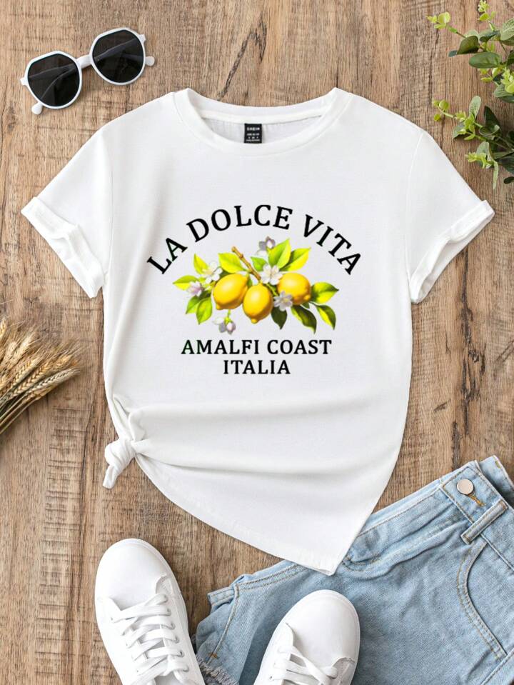 【NONCODE】(Unisex) Leana See-Through Printed T-Shirt Lemon Print T-Shirt, Cute Lemons Short Sleeve Casual T-Shirt