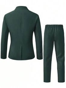 Manfinity Mode Men's Solid Color Front Button Closure Long Sleeve Fake Pocket Shirt And Pants Suit - Dark Green - View 2