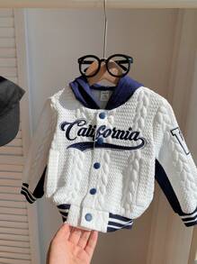 SHEIN Baby Boy/Girl Blue & White Knit Textured Double-Layer Padded Fabric Warm & Comfortable Minimalist Letter Embroidery Contrast Color Hooded Baseball Jacket, All-Match Versatile Sporty Casual Korean Style - Blue and White - View 4