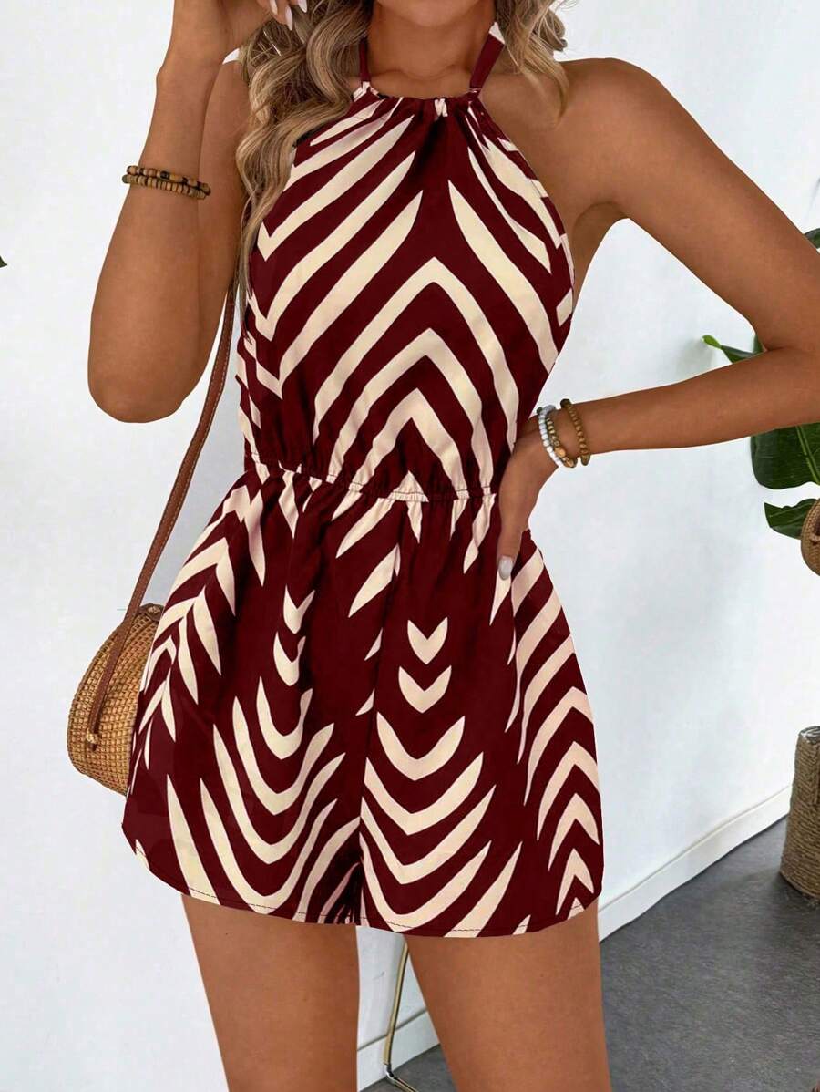 Breezaya Leaf Print Elastic Waist Jumpsuit, Spring/Summer - Burgundy - View 1