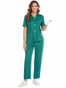 純色西裝領前扣短袖上衣和彈性腰帶有口袋的褲子套裝，護士制服套裝 - 綠色 - 查看 7
