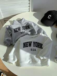 SHEIN 2 件套幼儿男童/女童字母印花高领长袖运动衫和运动夹克套装，适合日常穿着、上学、旅行和运动、秋冬季 - 彩色 - 查看 2