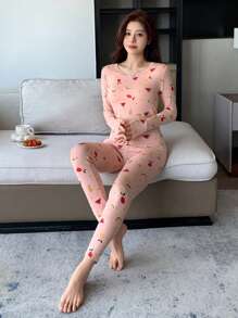 DAZY 可爱水果图案印花长袖修身睡衣套装 - 粉色 - 查看 5