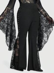 ROMWE Goth Pantalon à taille haute évasé pour femmes de grande taille avec dentelle et fente latérale - Noir - Voir 1