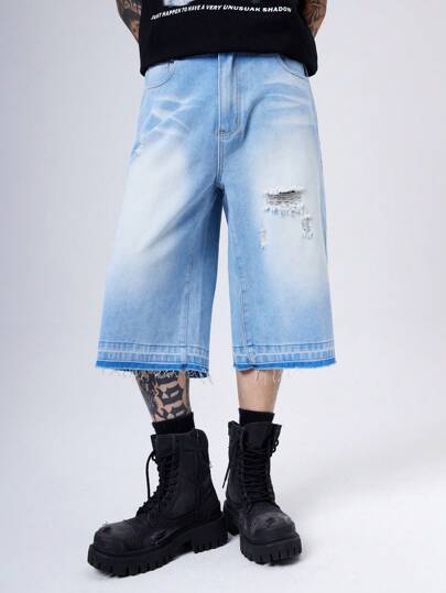 Manfinity Denimwave Y2K Vintage Men Light Blue Ripped Pocket Denim Shorts