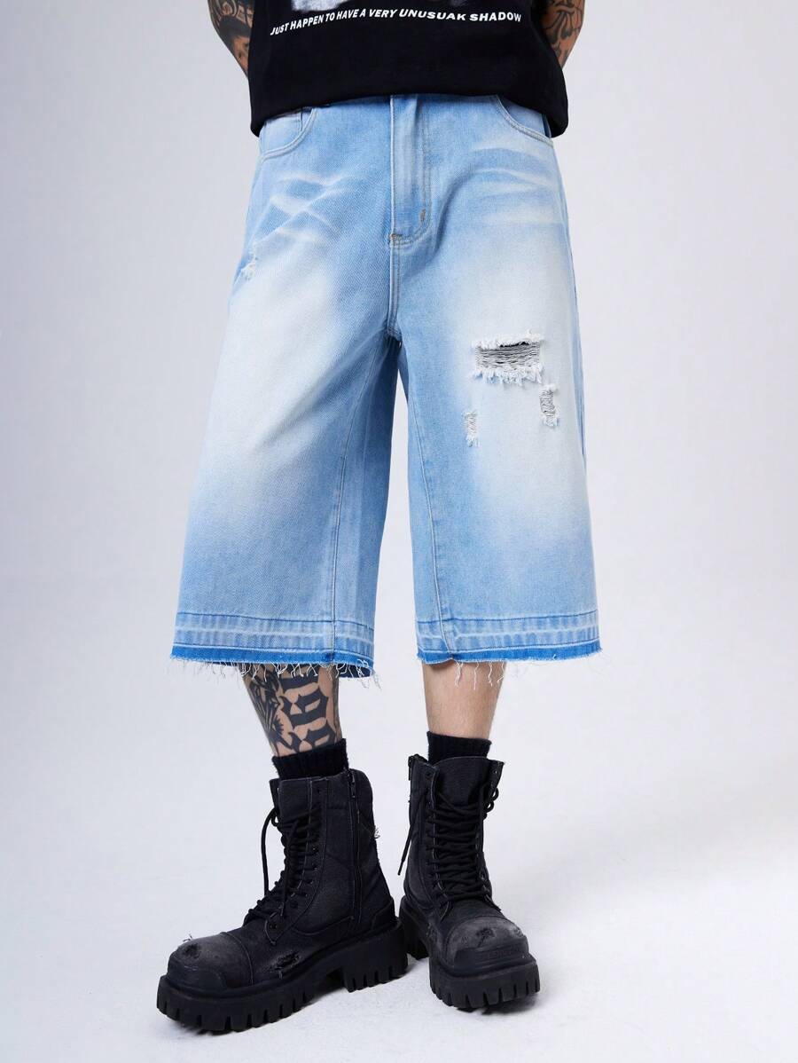 Manfinity Denimwave Y2K Vintage 男式浅蓝色破洞口袋牛仔短裤