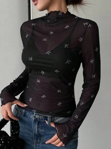 DAZY 女士夏季蝴蝶结印花立领长袖休闲衬衫外出上衣透明、返校服装、秋季女装 - 黑與白 - 查看 3