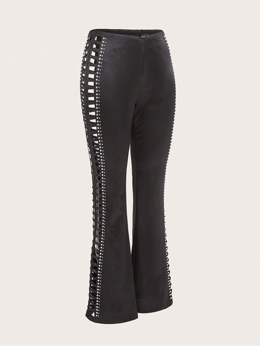 SHEIN X KeniaOs SHEIN ICON Cut Out Side Satin Flare Leg Pants - Black - View 1