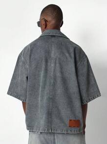 SUMWON Boxy Fit Denim Shirt With Embossed Print & Branded Label - Blue - View 2